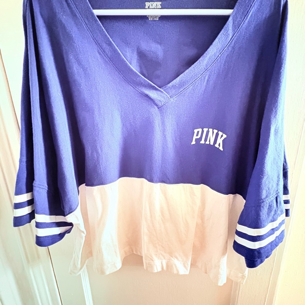 PINK Victoria's Secret Blue & White Colorblock Long Sleeve Top Size XXL - Picture 2 of 5